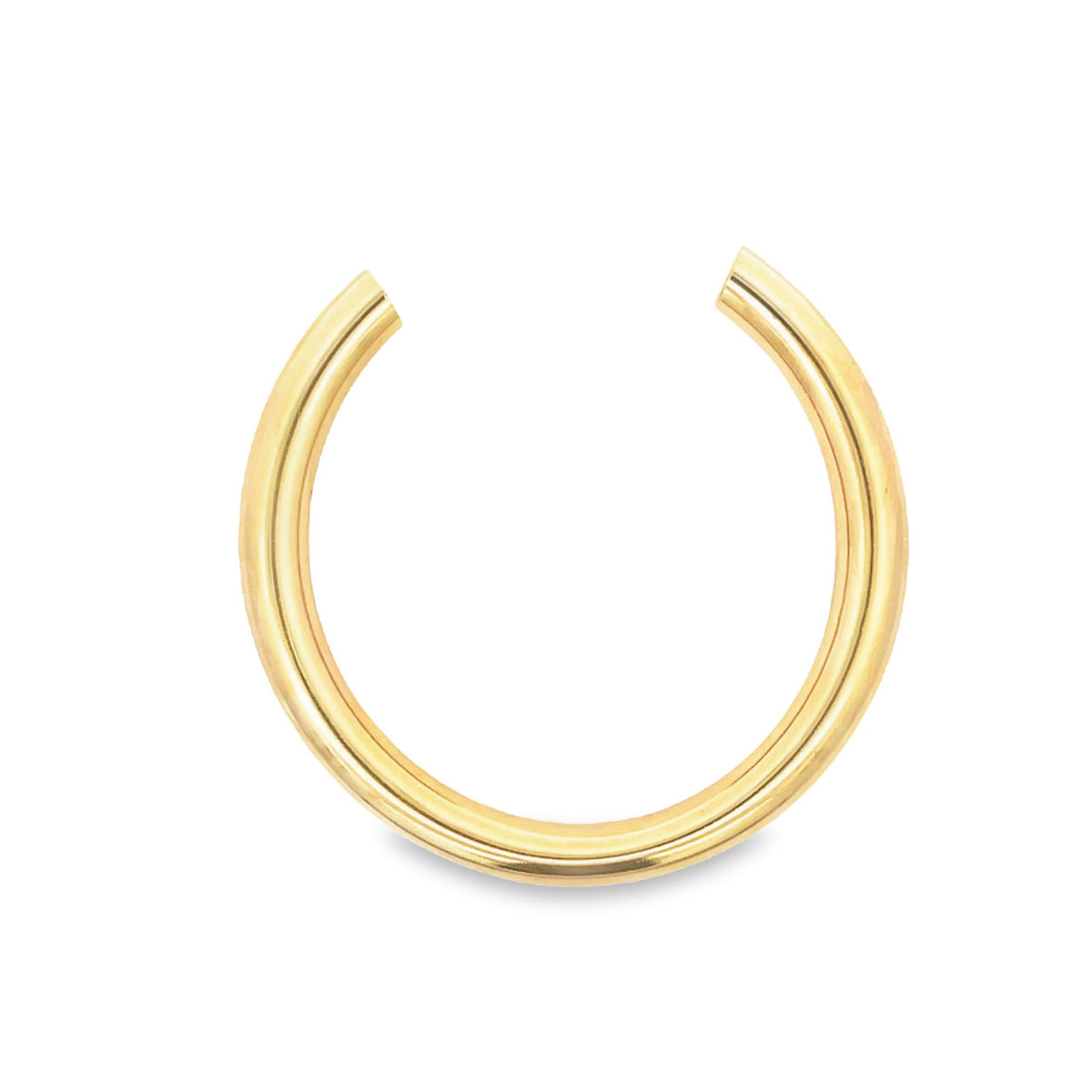 A minimalist gold hoop earring rests on a clean white background.