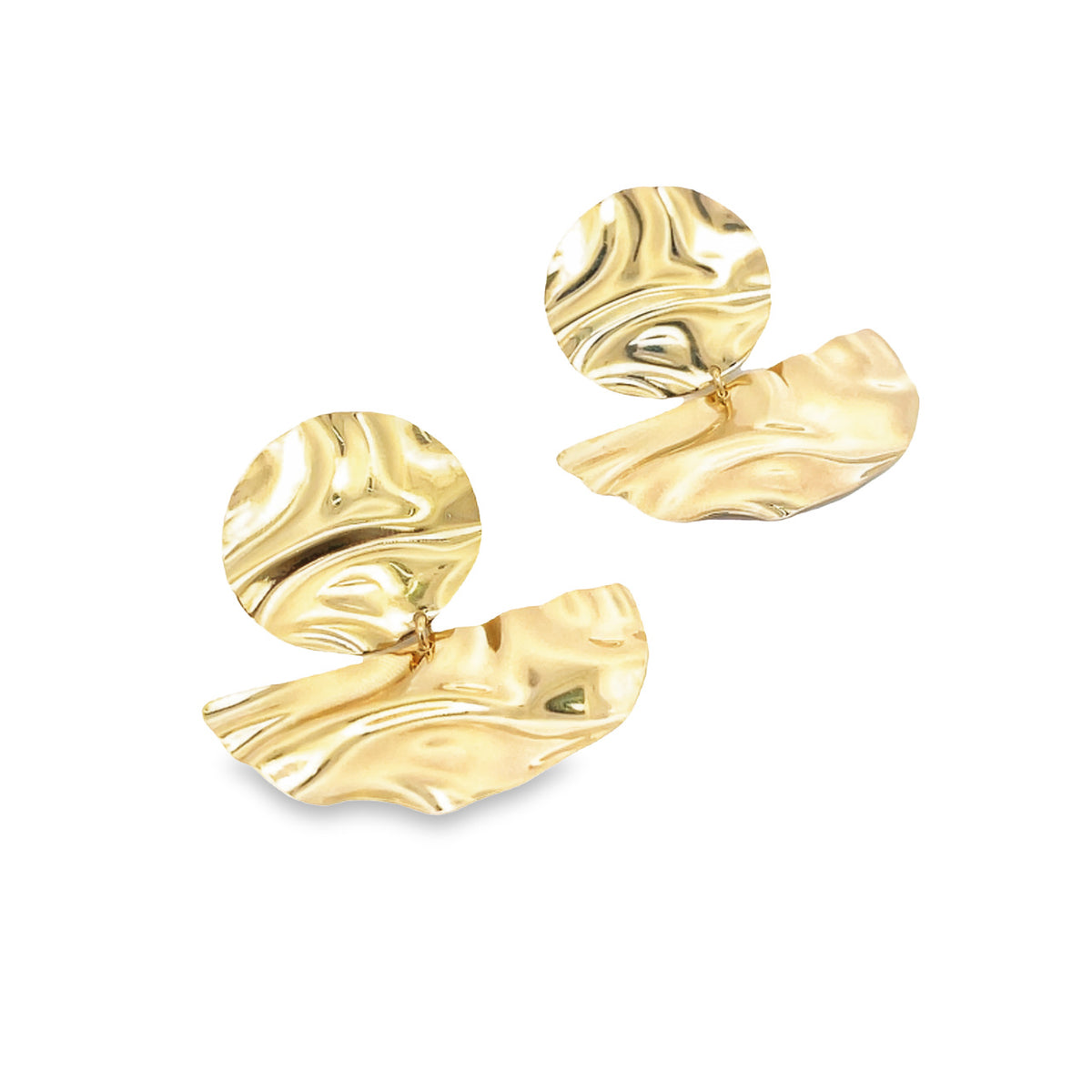 A pair of gold textured abstract statement earrings glistens against a clean white background.