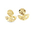A pair of statement gold earrings featuring abstract, hammered crescent and disc shapes resting against a white background.