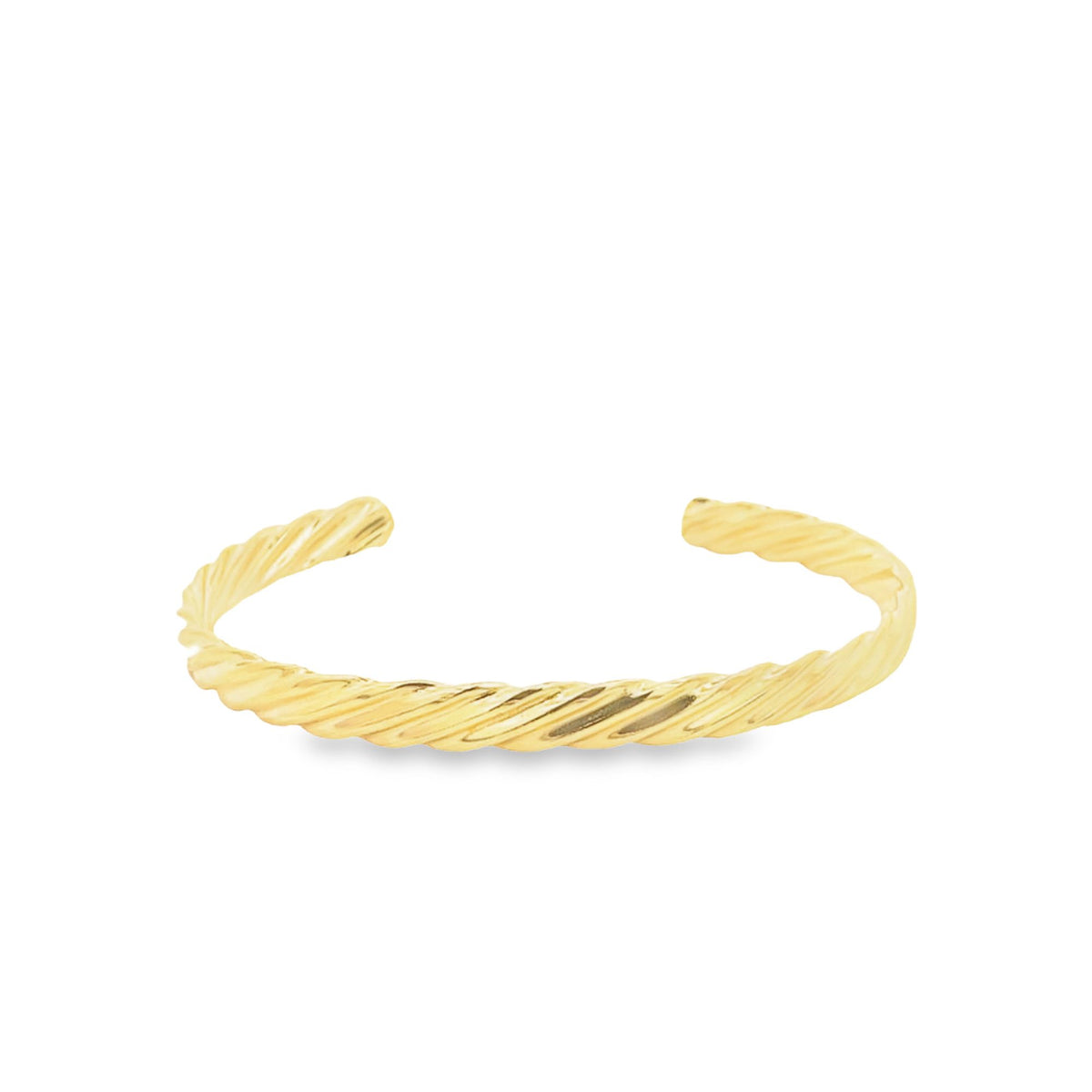 A polished gold cuff bracelet displays a twisted rope design against a clean white background.