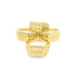 Four gold signet rings engraved with the words "rich bitch," "fuck off," "baby," and "boss" are arranged in a cluster against a white background.