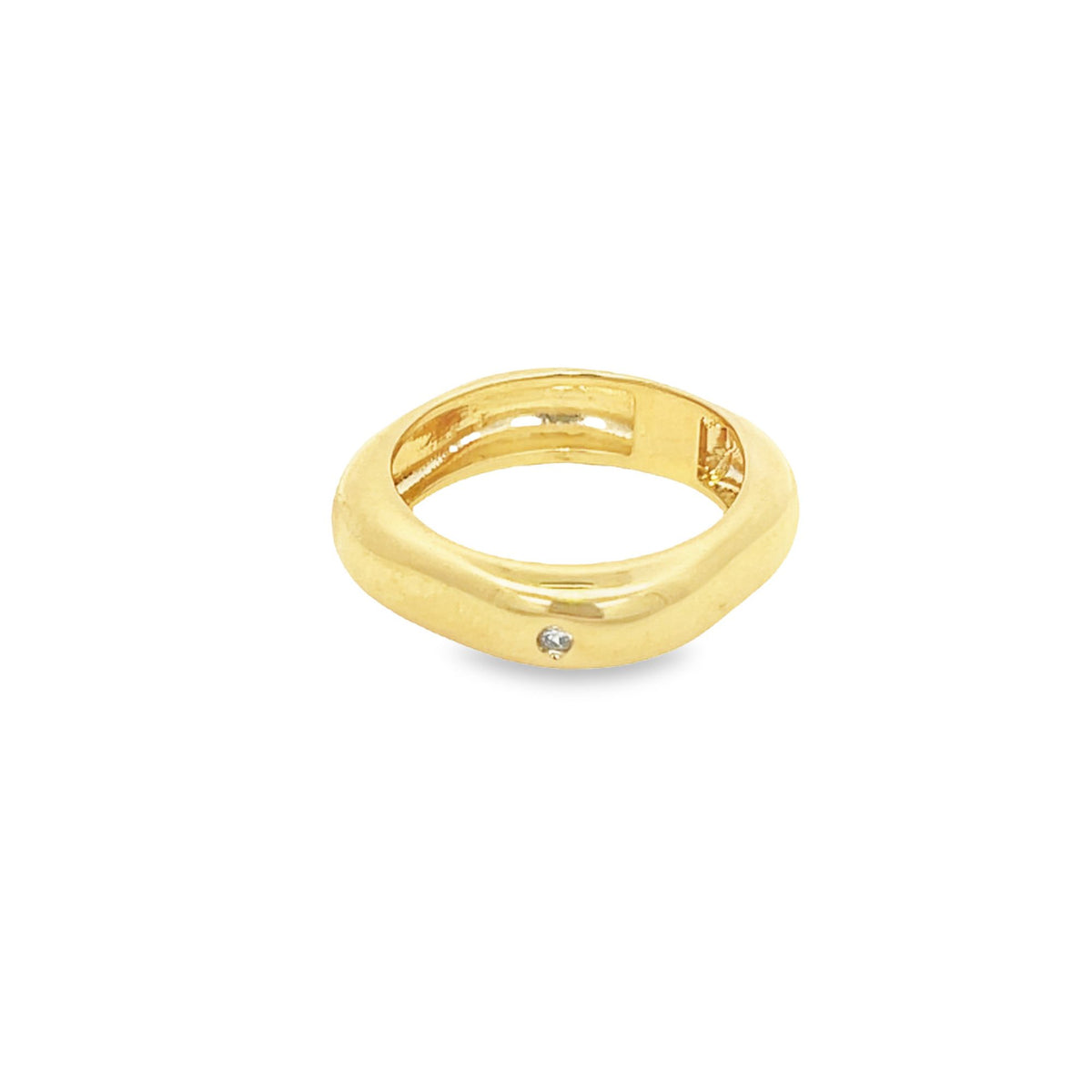 A modern gold ring features a square-shaped band set with a single sparkling diamond against a clean white background.