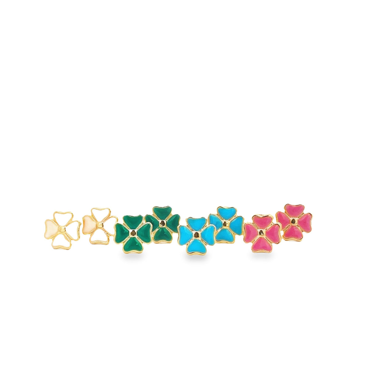 A colorful lineup of gold-trimmed clover earrings displays vibrant enamel shades of white, green, blue, and pink.