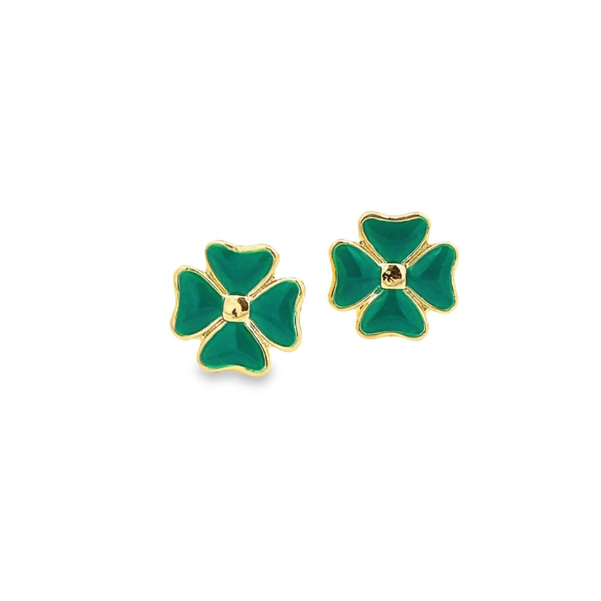 A pair of gold four-leaf clover stud earrings features vibrant green enamel inlay against a clean white background.