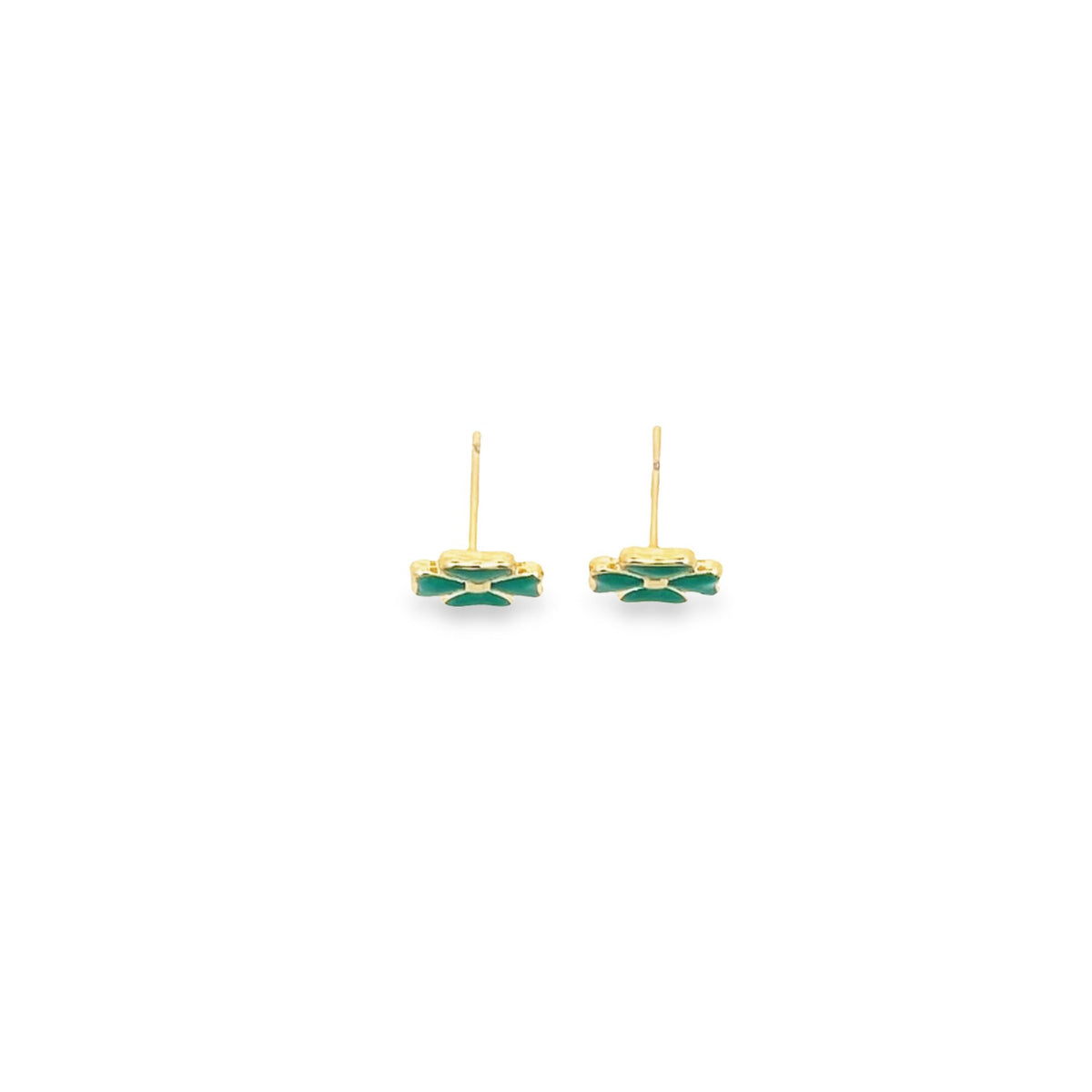 A pair of gold four-leaf clover stud earrings feature vibrant green enamel on a clean white background.