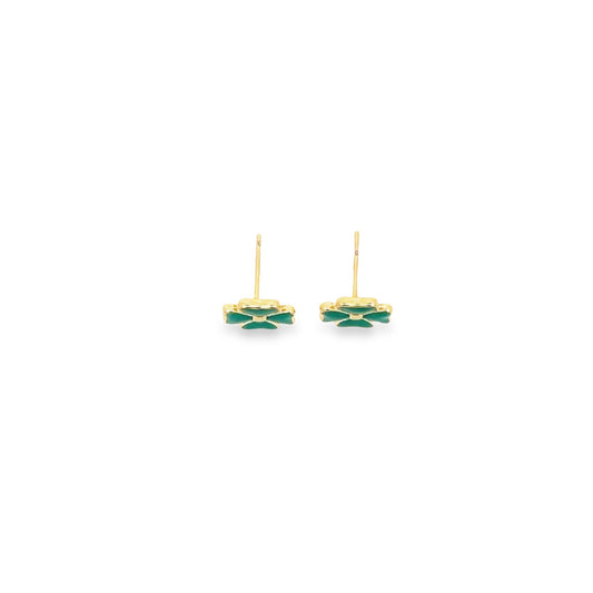 A pair of gold four-leaf clover stud earrings feature vibrant green enamel on a clean white background.