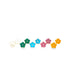 Five pairs of colorful enamel flower stud earrings in white, green, blue, pink, and yellow rest against a plain white background.