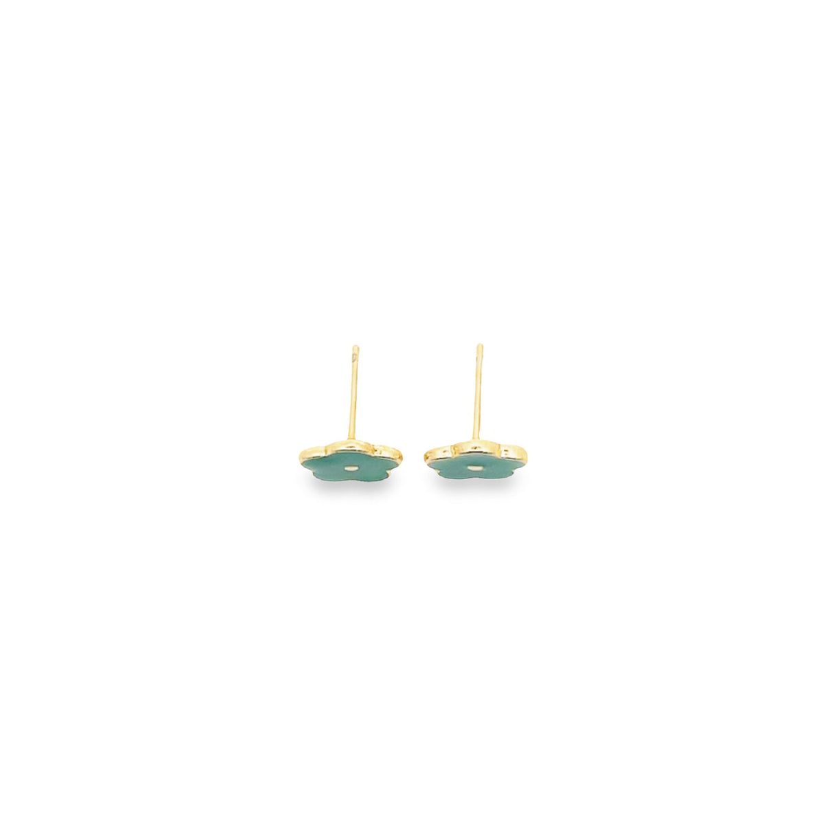 A pair of gold-trimmed, mint green flower stud earrings rest flat against a clean white background.