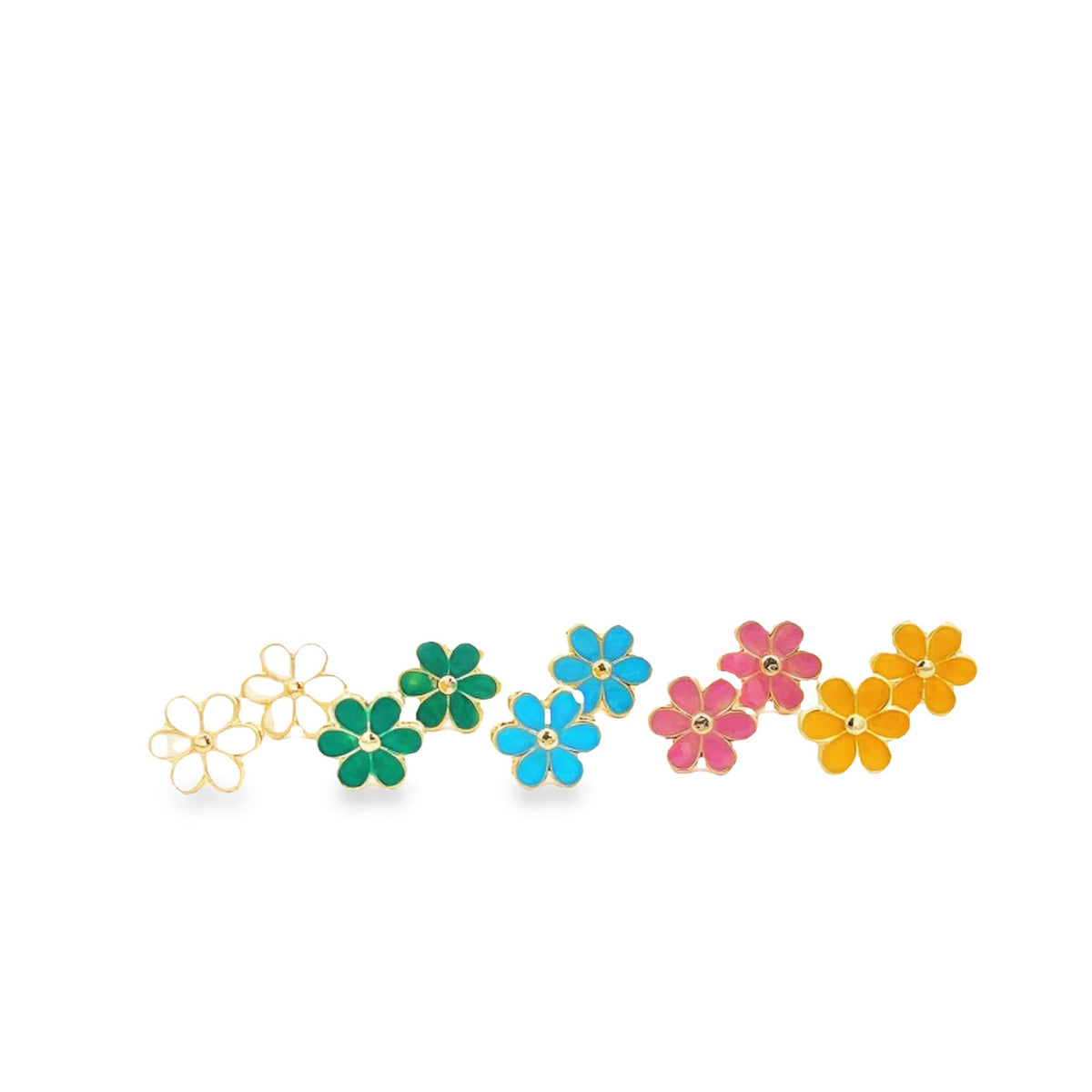 A collection of colorful enamel daisy flower stud earrings featuring white, green, blue, pink, and yellow pairs is neatly arranged on a white background.