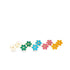 A collection of colorful enamel daisy flower stud earrings featuring white, green, blue, pink, and yellow pairs is neatly arranged on a white background.