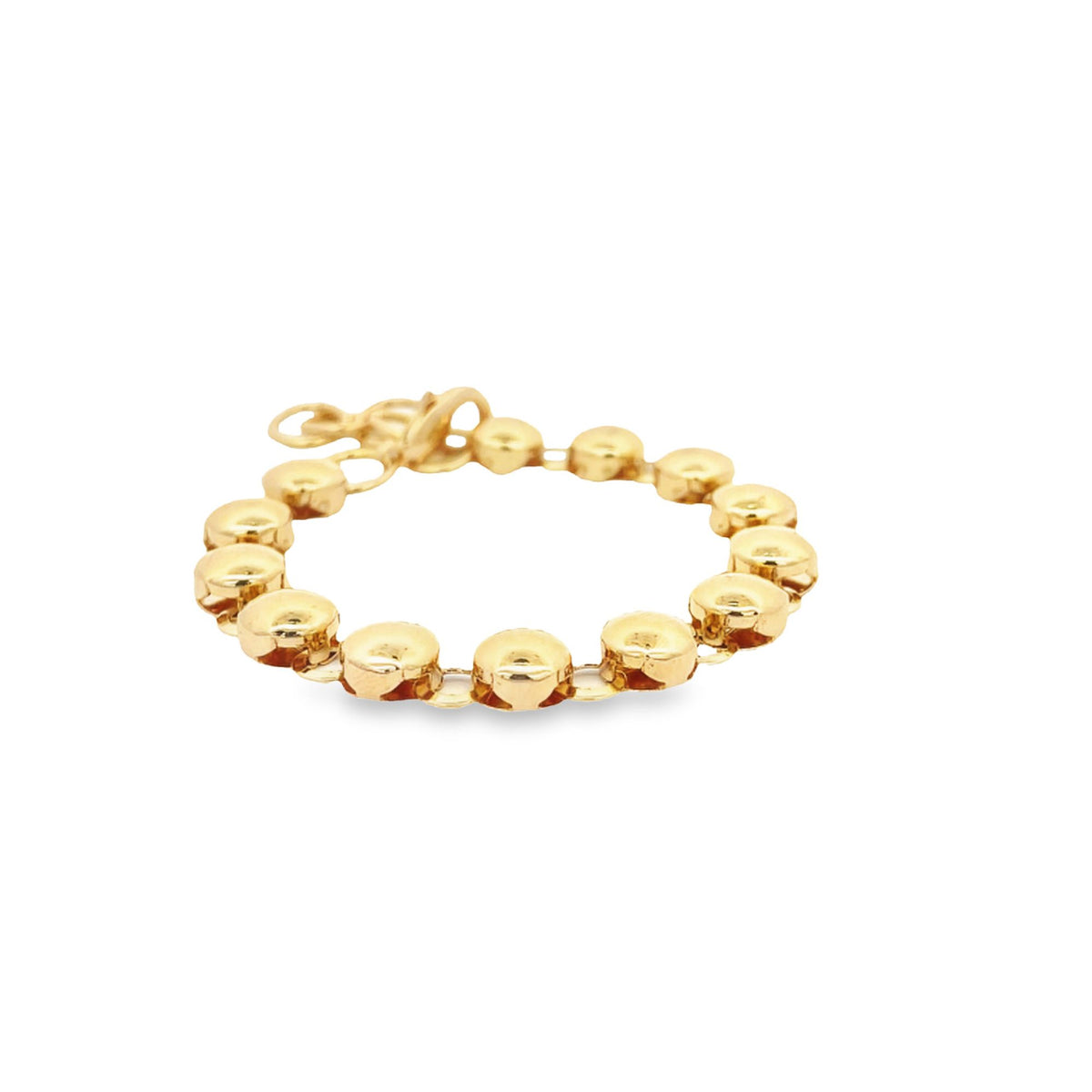 A delicate gold link bracelet features a continuous row of polished round beads against a clean white background.