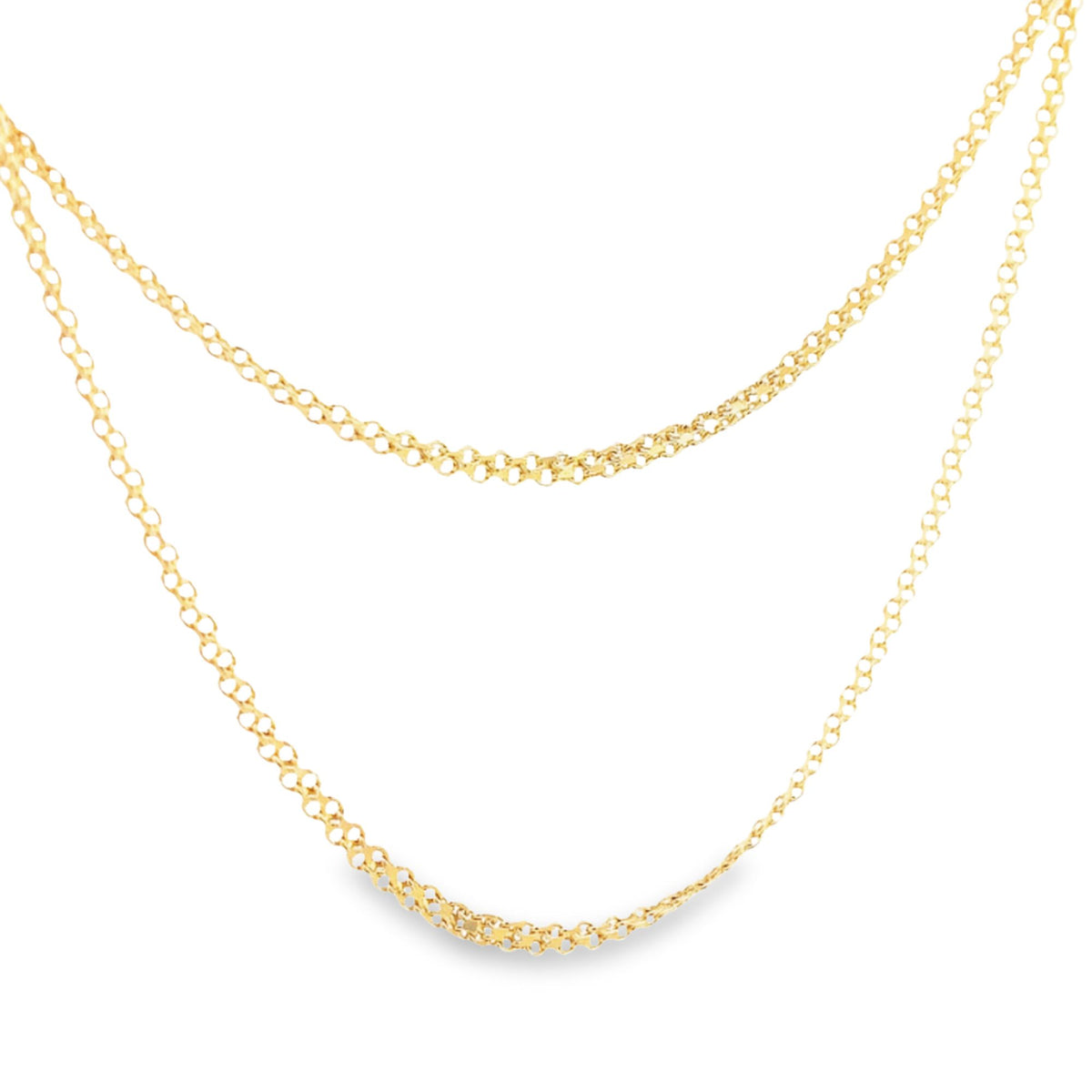 A delicate double-stranded gold chain necklace drapes gracefully against a clean white background.
