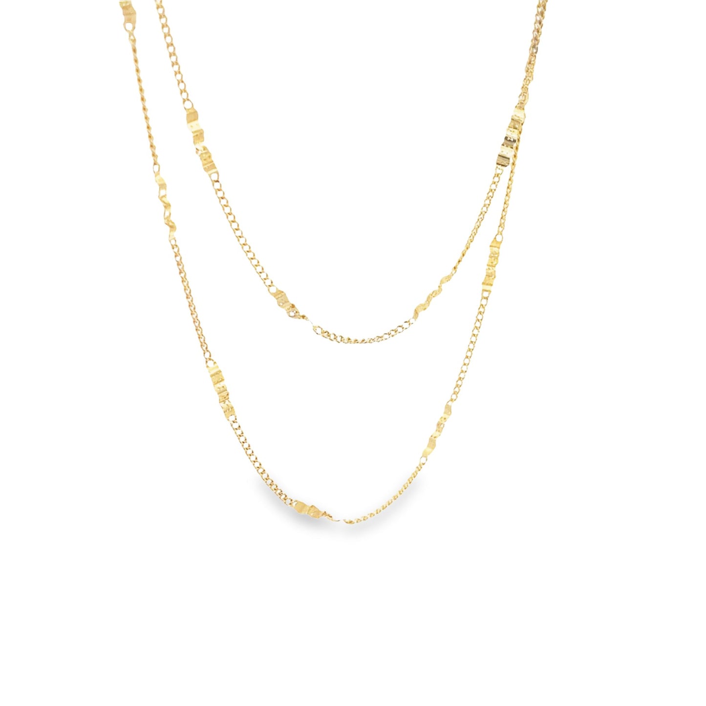 Two delicate gold chain necklaces with textured geometric links drape gracefully against a white background.
