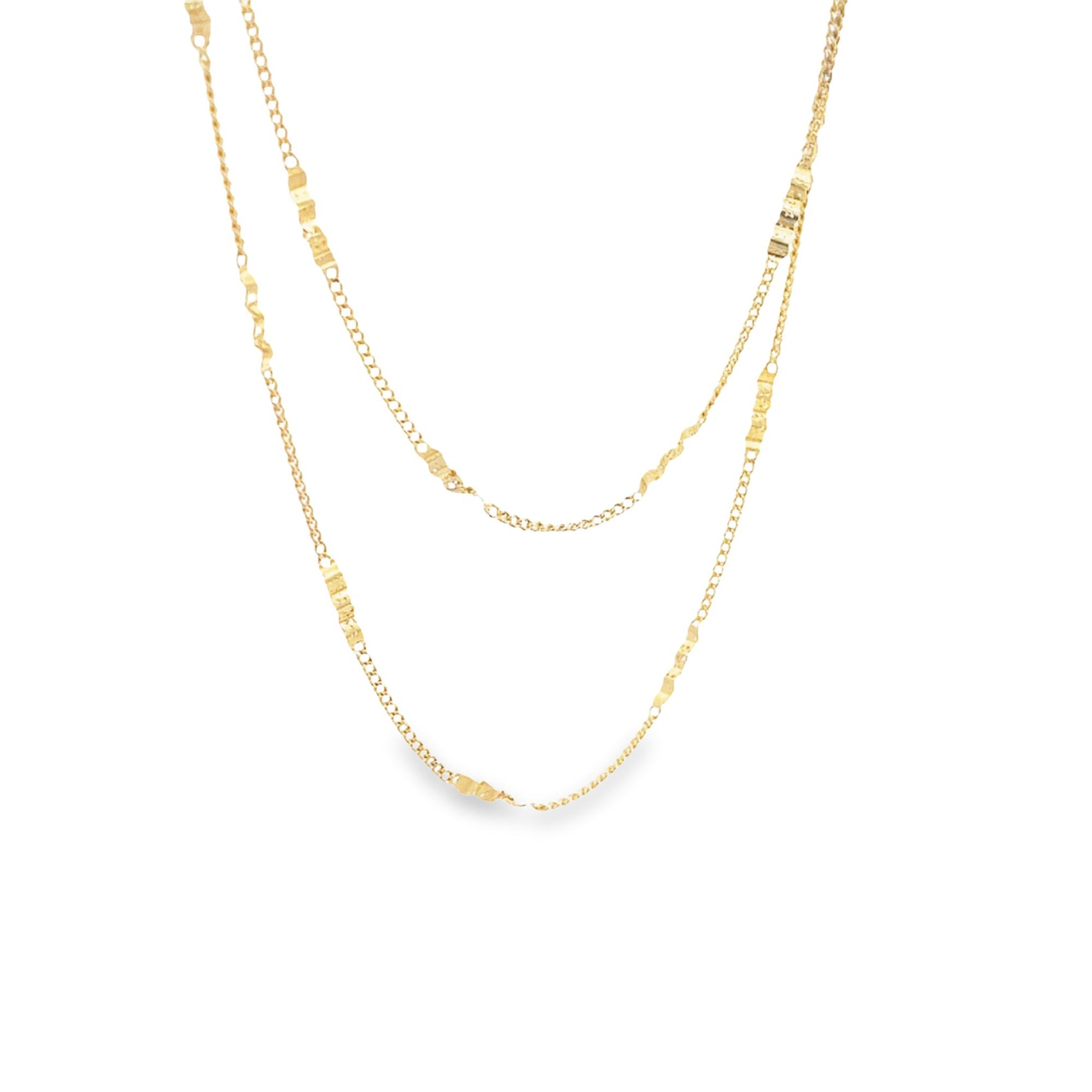Two delicate gold chain necklaces with textured geometric links drape gracefully against a white background.