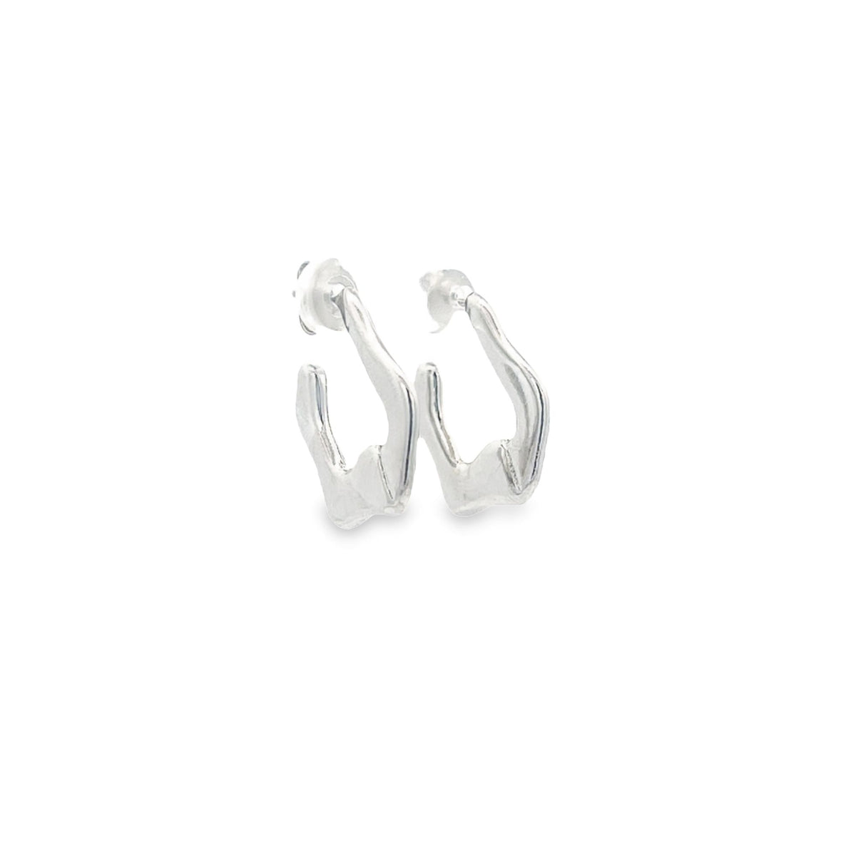 A pair of silver hoop earrings features an abstract, wavy design against a plain white background.