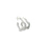 A pair of unique silver hoop earrings featuring a modern, angular design rests against a clean white background.