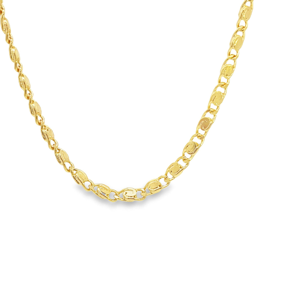 A polished yellow gold link chain necklace glimmers against a clean white background.