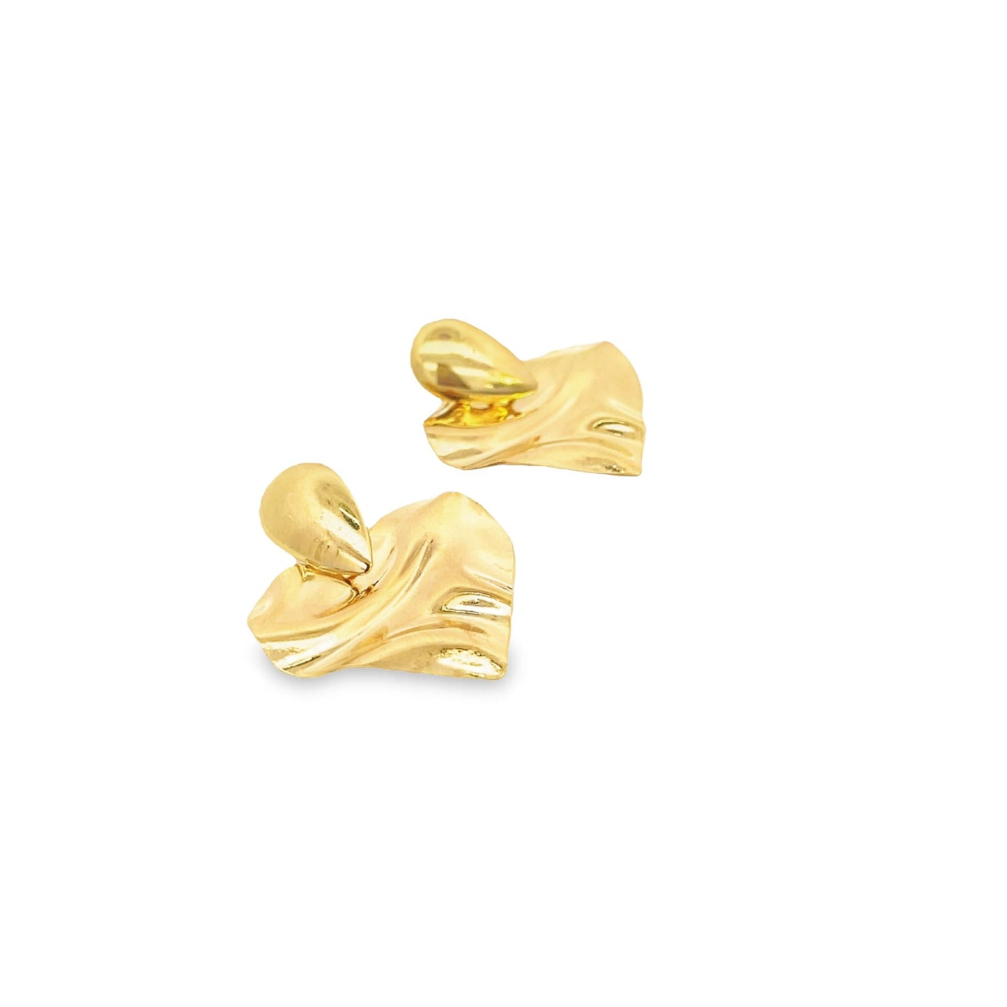 Two abstract gold earrings feature a unique wavy design on a clean white background.