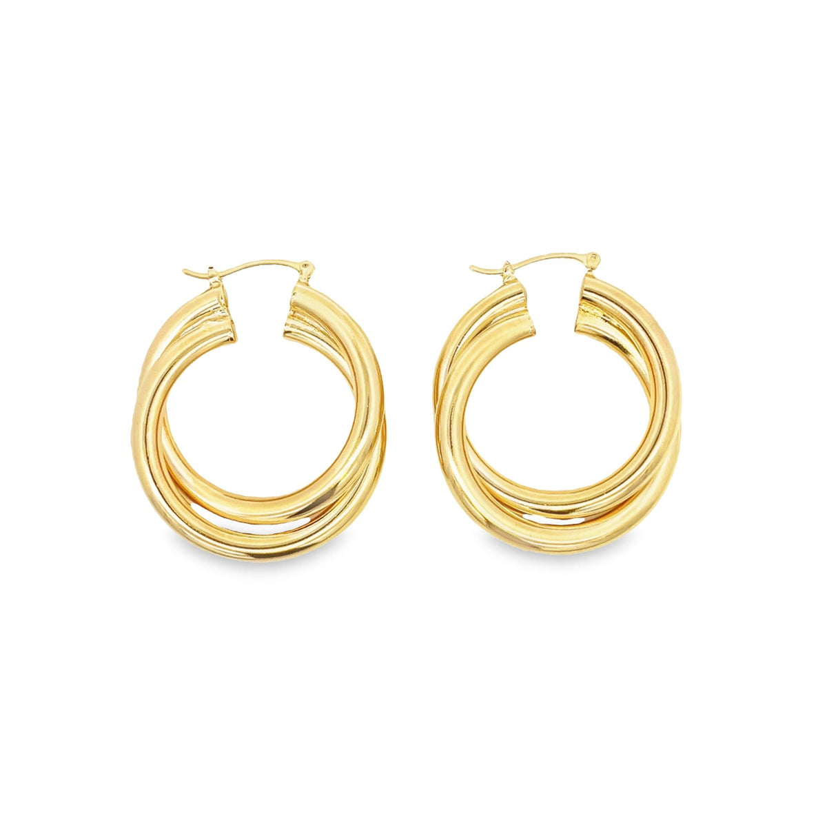 A pair of polished gold triple-hoop earrings displays a modern interlocking design against a plain white background.