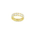 A gold eternity ring features a continuous band of sparkling emerald-cut baguette stones set against a clean white background.