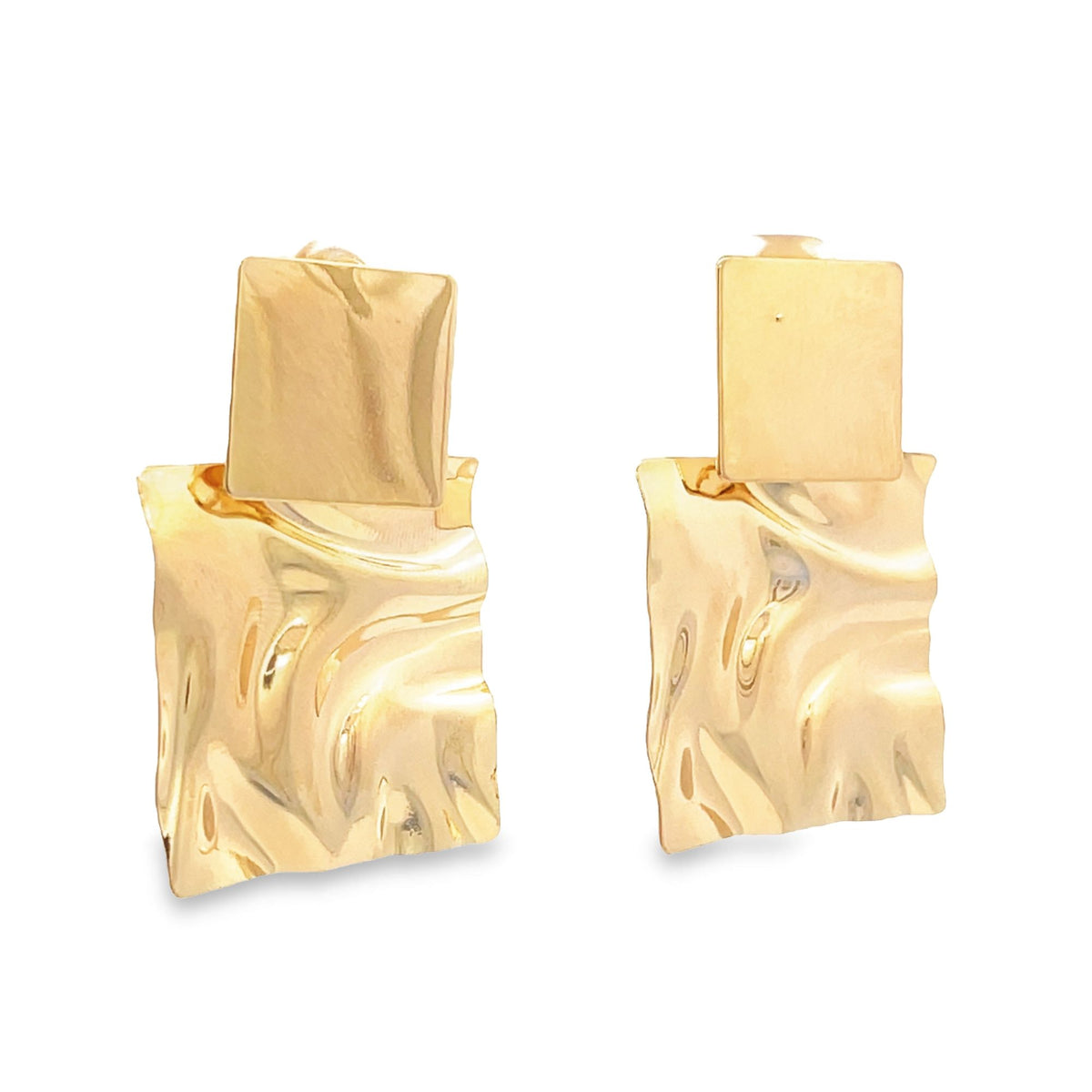 Two gold geometric statement earrings feature a smooth square stud attached to a larger, heavily textured rectangular dangle.