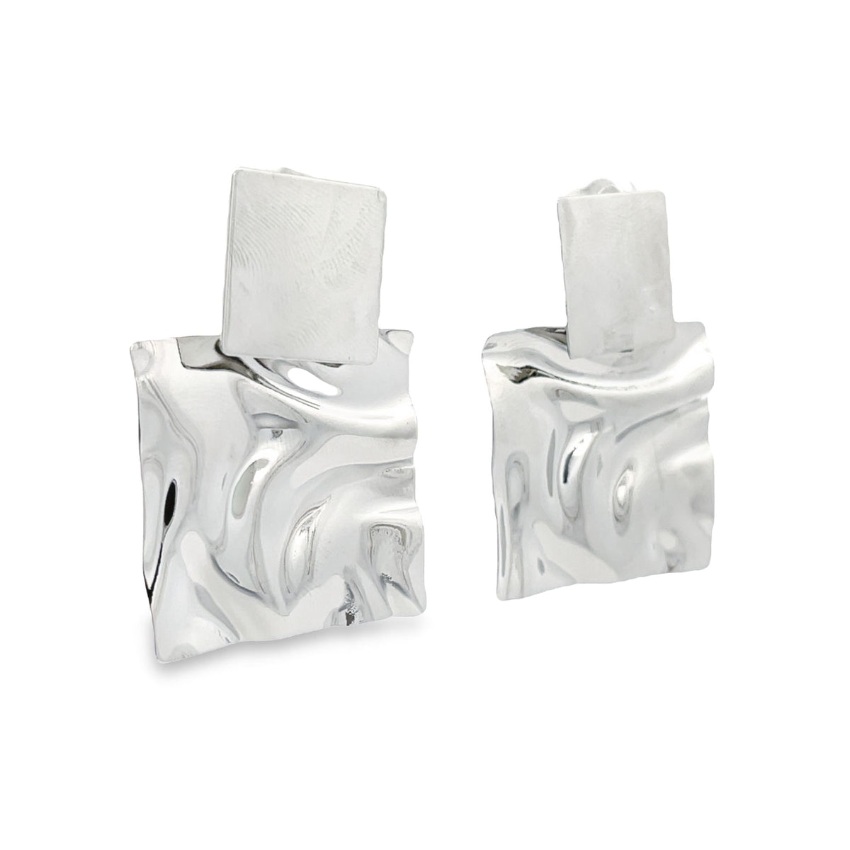 A pair of shiny silver statement earrings showcases a geometric design with a flat rectangular post attached to a molten, rippled drop pendant.