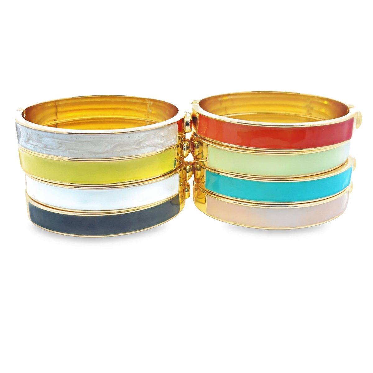Two stacks of vibrant enamel and gold hinged bangles display an array of colorful gemstone-like designs against a clean white background.