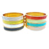 Two stacks of vibrant enamel and gold hinged bangles display an array of colorful gemstone-like designs against a clean white background.