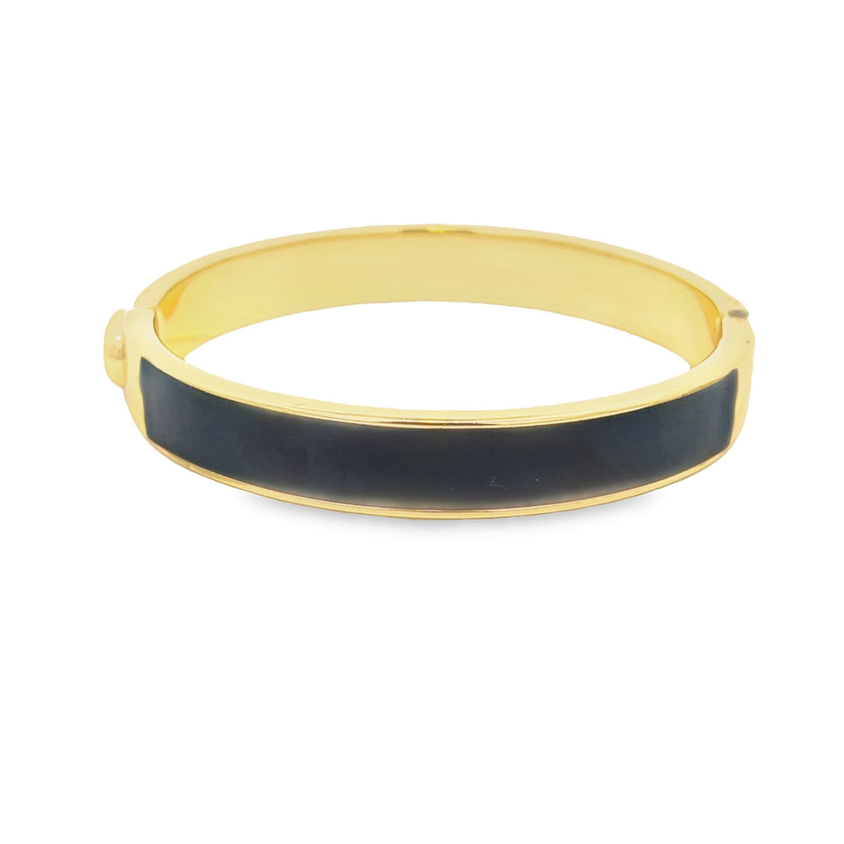 A sleek gold metal bangle bracelet features a bold black enamel inlay against a plain white background.