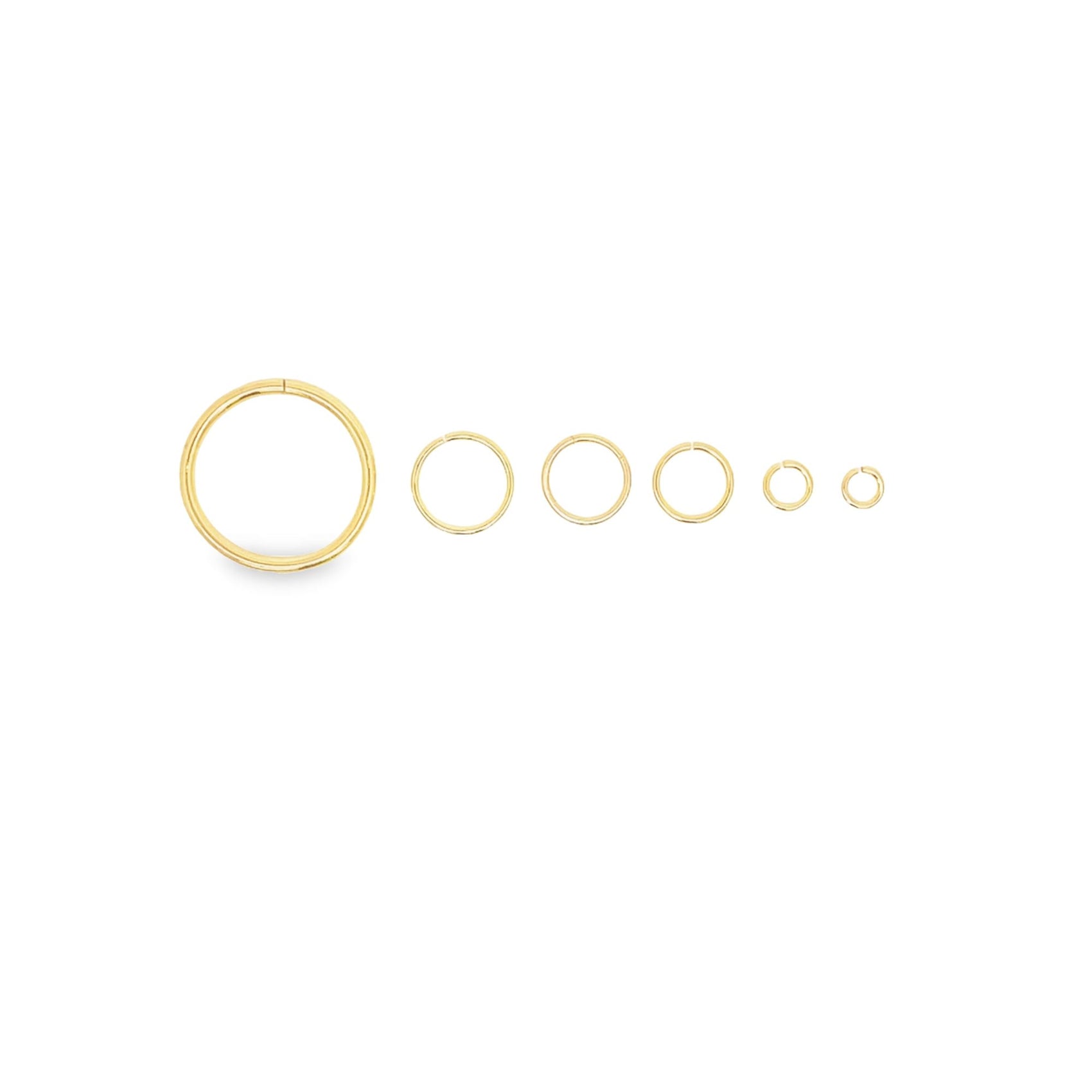 Six gold hoop earrings display a gradient of decreasing sizes lined up horizontally from left to right against a plain white background.