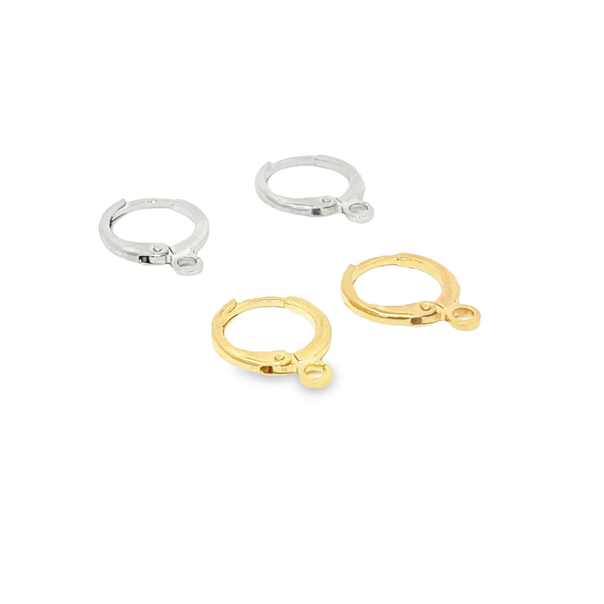 Four small leverback earring findings in gold and silver finishes are arranged on a white background.