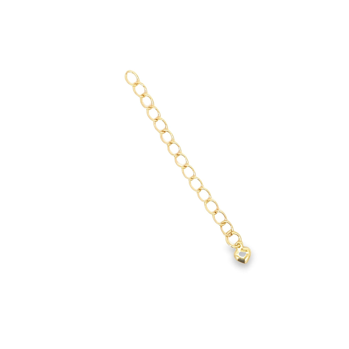 A gold-plated necklace extender chain features a delicate heart charm dangling at the end.