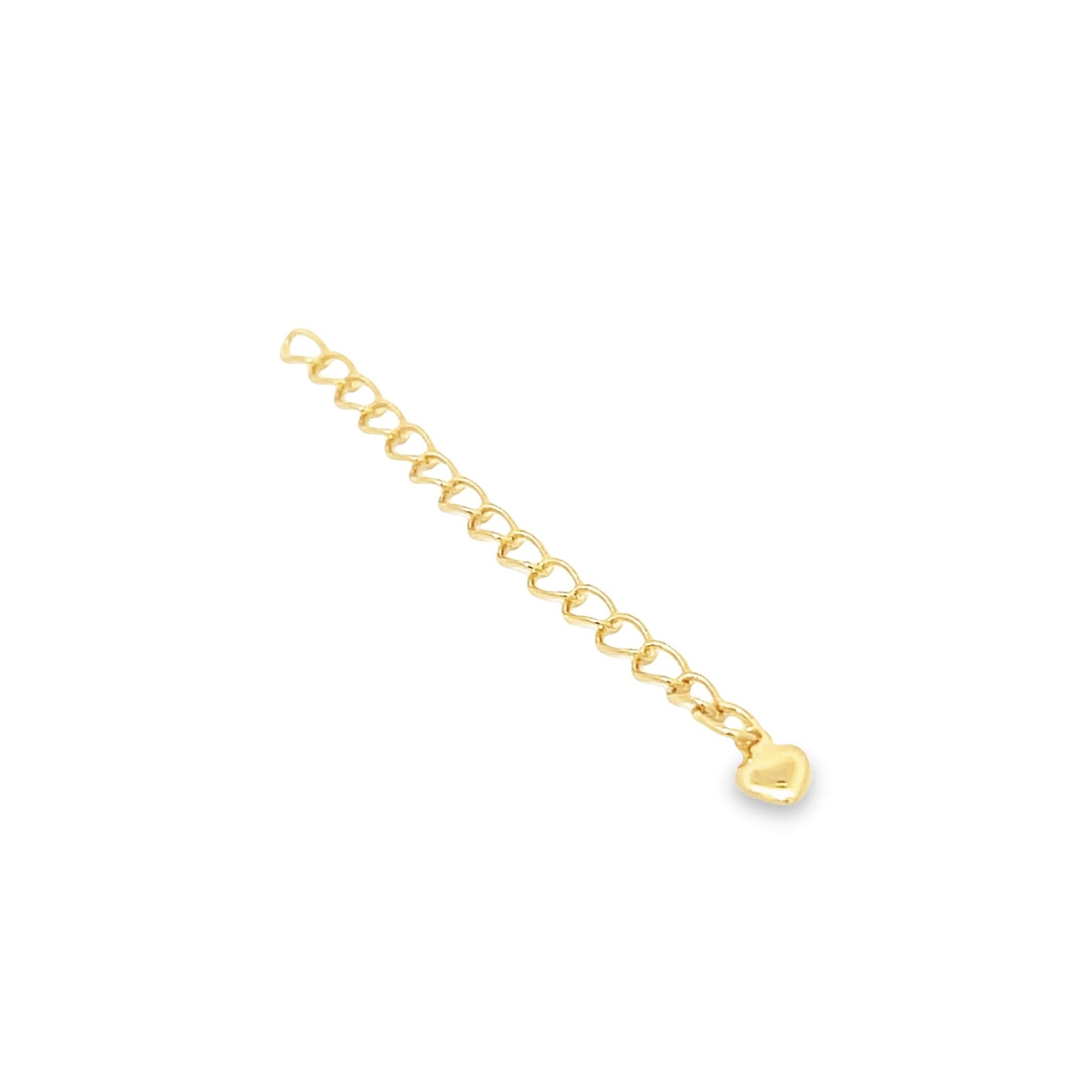A delicate gold necklace extender features a charming heart-shaped charm dangling at the end.