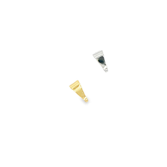 Two small, triangular pendant bails, one in polished gold and the other in gleaming silver, rest side by side on a plain white background.
