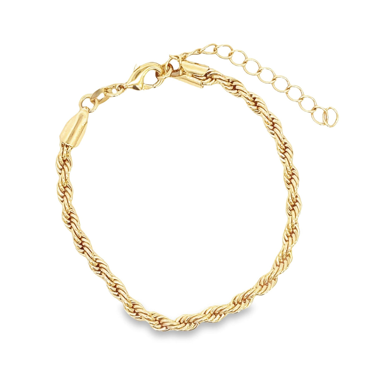 A shiny gold rope chain bracelet displays an adjustable clasp against a plain white background.