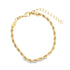 A shiny gold rope chain bracelet displays an adjustable clasp against a plain white background.