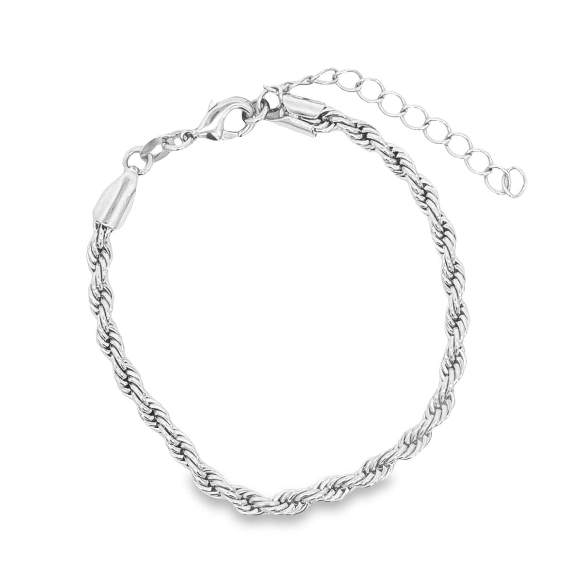 A delicate silver rope chain bracelet features a lobster clasp and an adjustable extension chain against a white background.