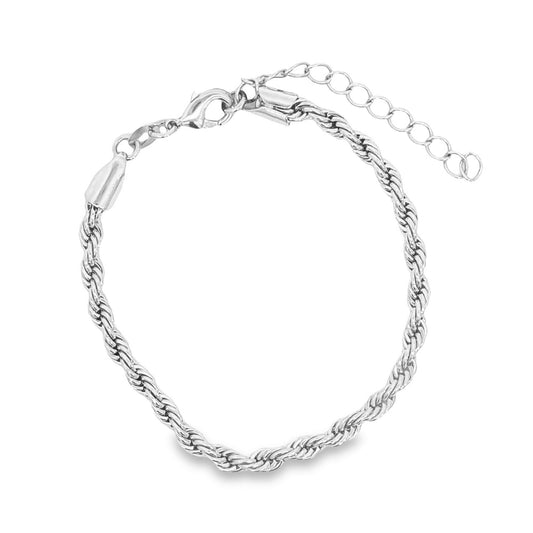 A delicate silver rope chain bracelet features a lobster clasp and an adjustable extension chain against a white background.