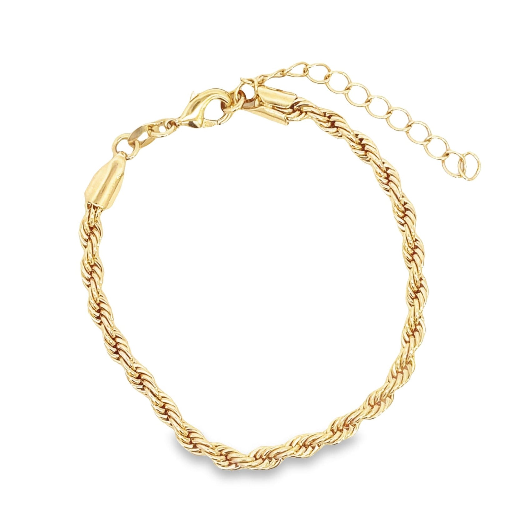 A gold rope chain bracelet curves gracefully on a white background, featuring a lobster clasp and an adjustable extender chain.