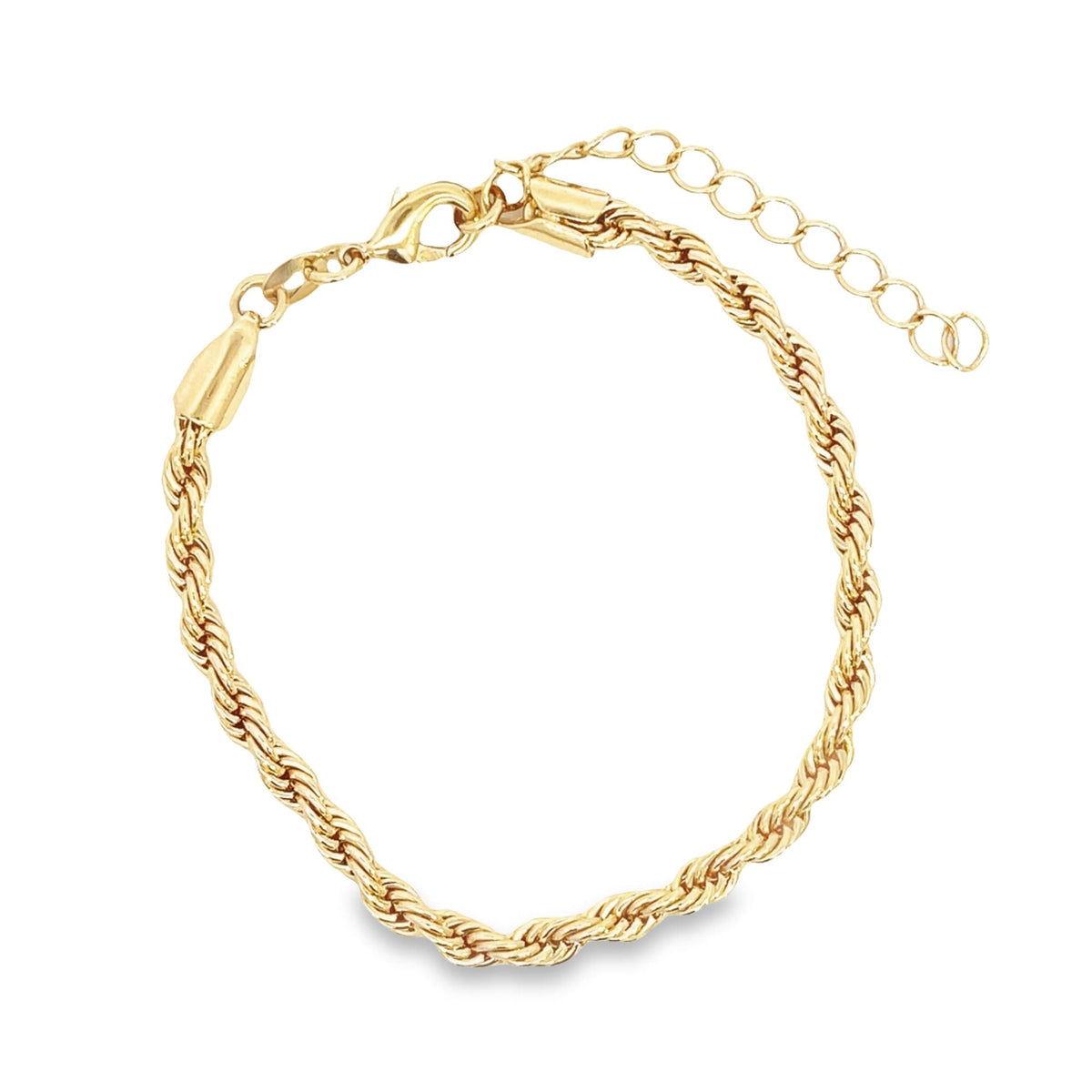 A gold rope chain bracelet curves gracefully on a white background, featuring a lobster clasp and an adjustable extender chain.