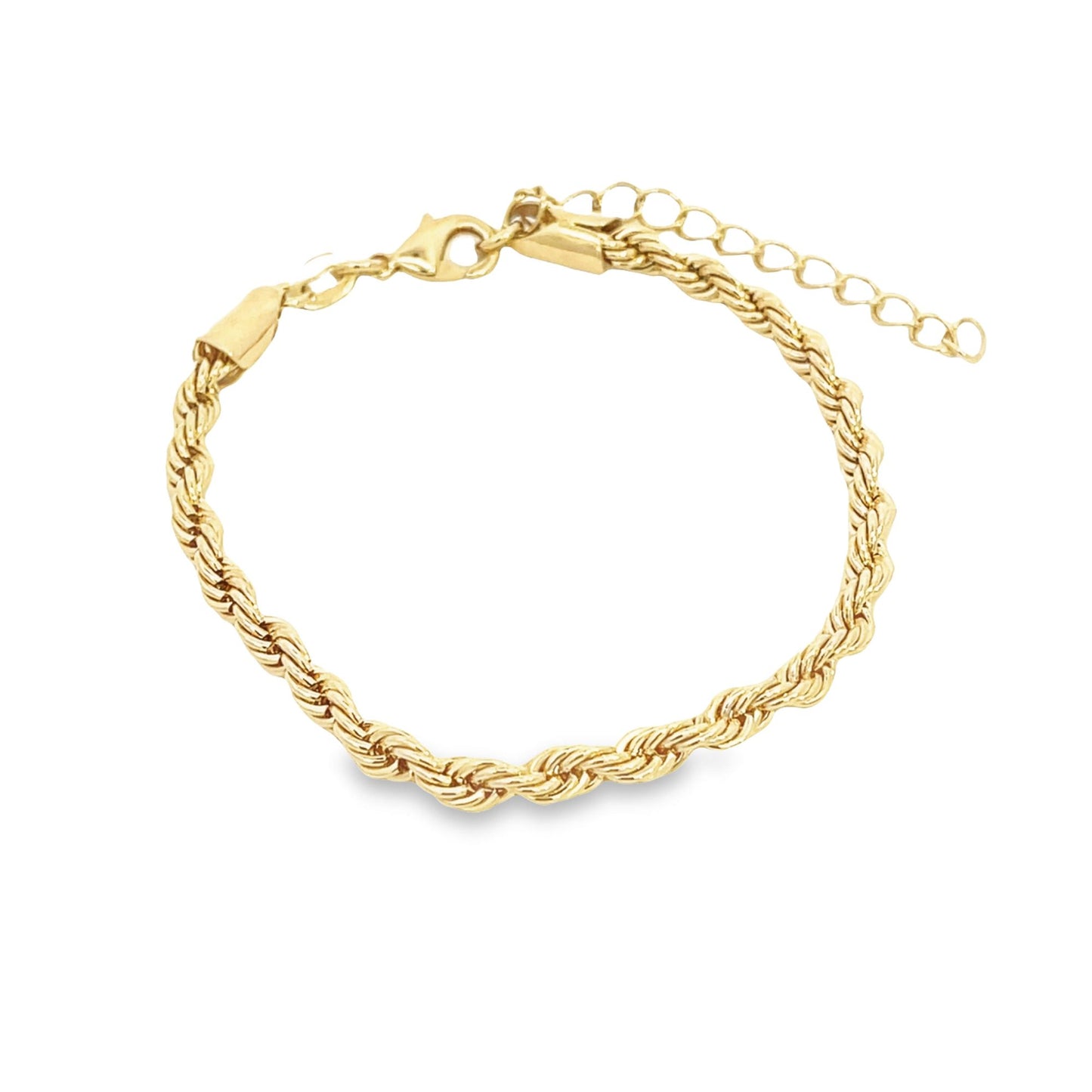 A gleaming gold rope chain bracelet displays an intricate twisted design and an adjustable clasp against a white background.