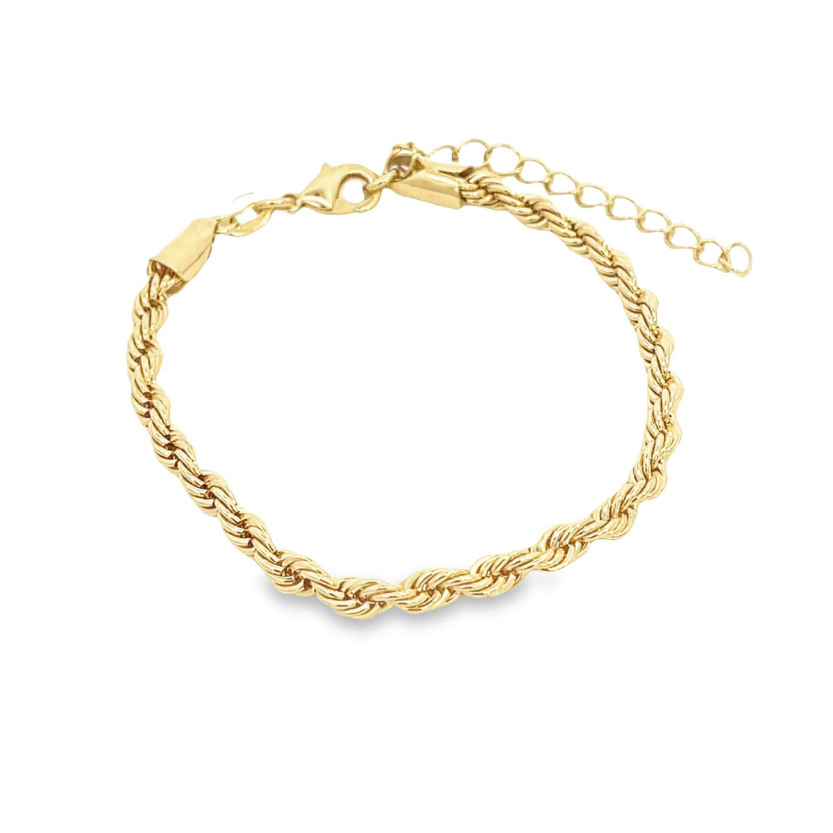 A gold rope chain bracelet displays its twisted texture against a white background.