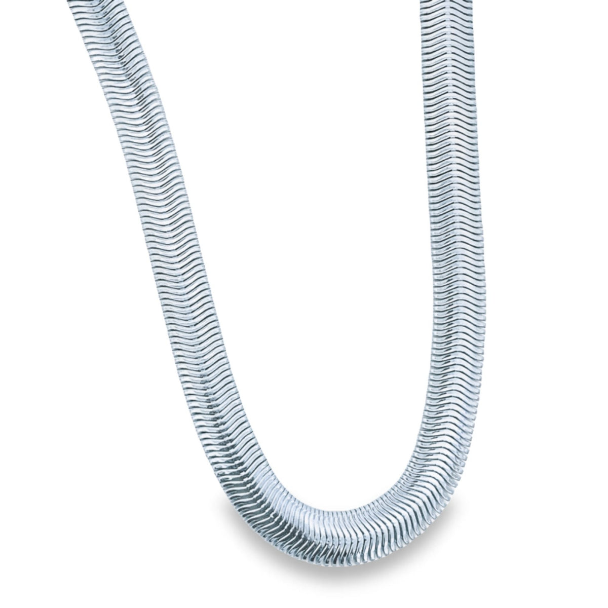 A sleek silver snake chain necklace curves gracefully against a plain white background.