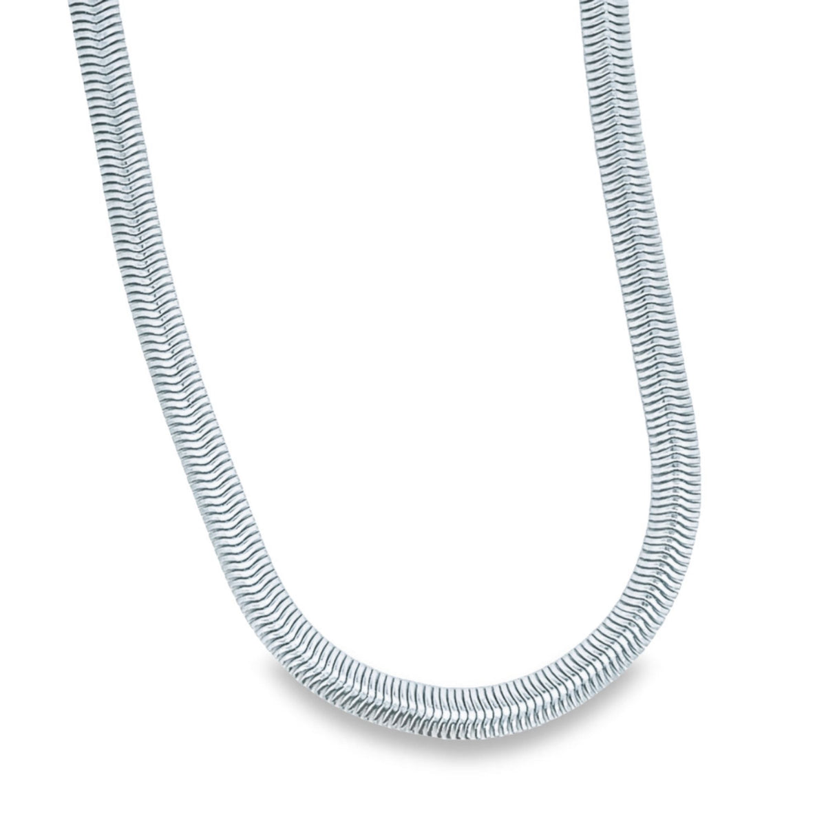 A sleek sterling silver herringbone chain necklace gleams against a white background.
