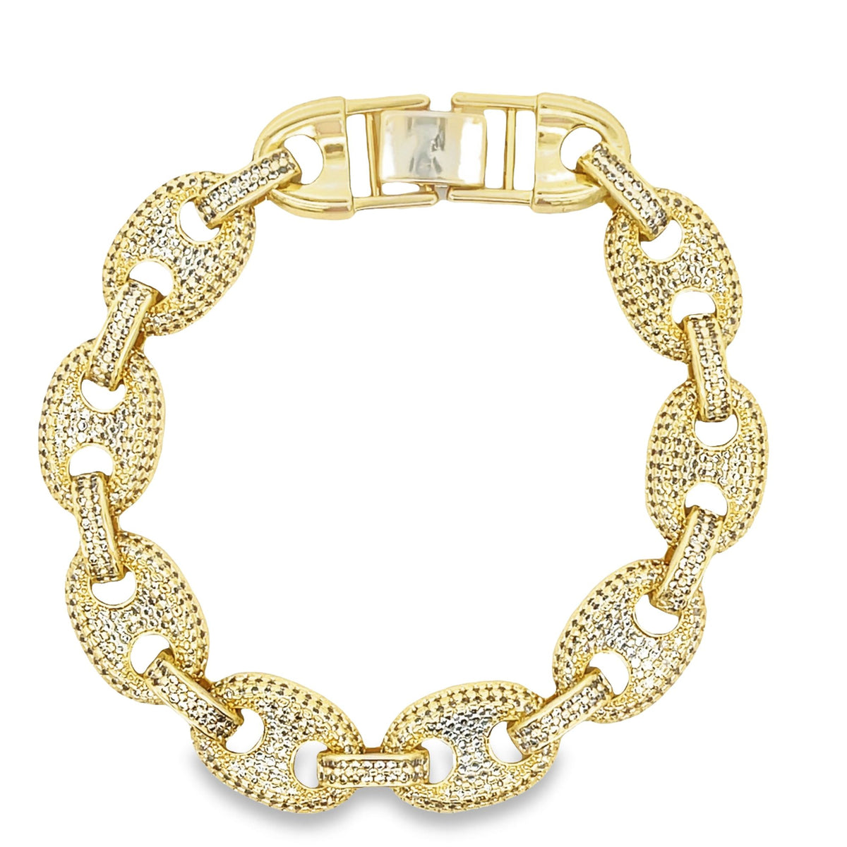A gold-plated mariner link bracelet encrusted with shimmering cubic zirconia stones features a secure box clasp closure.