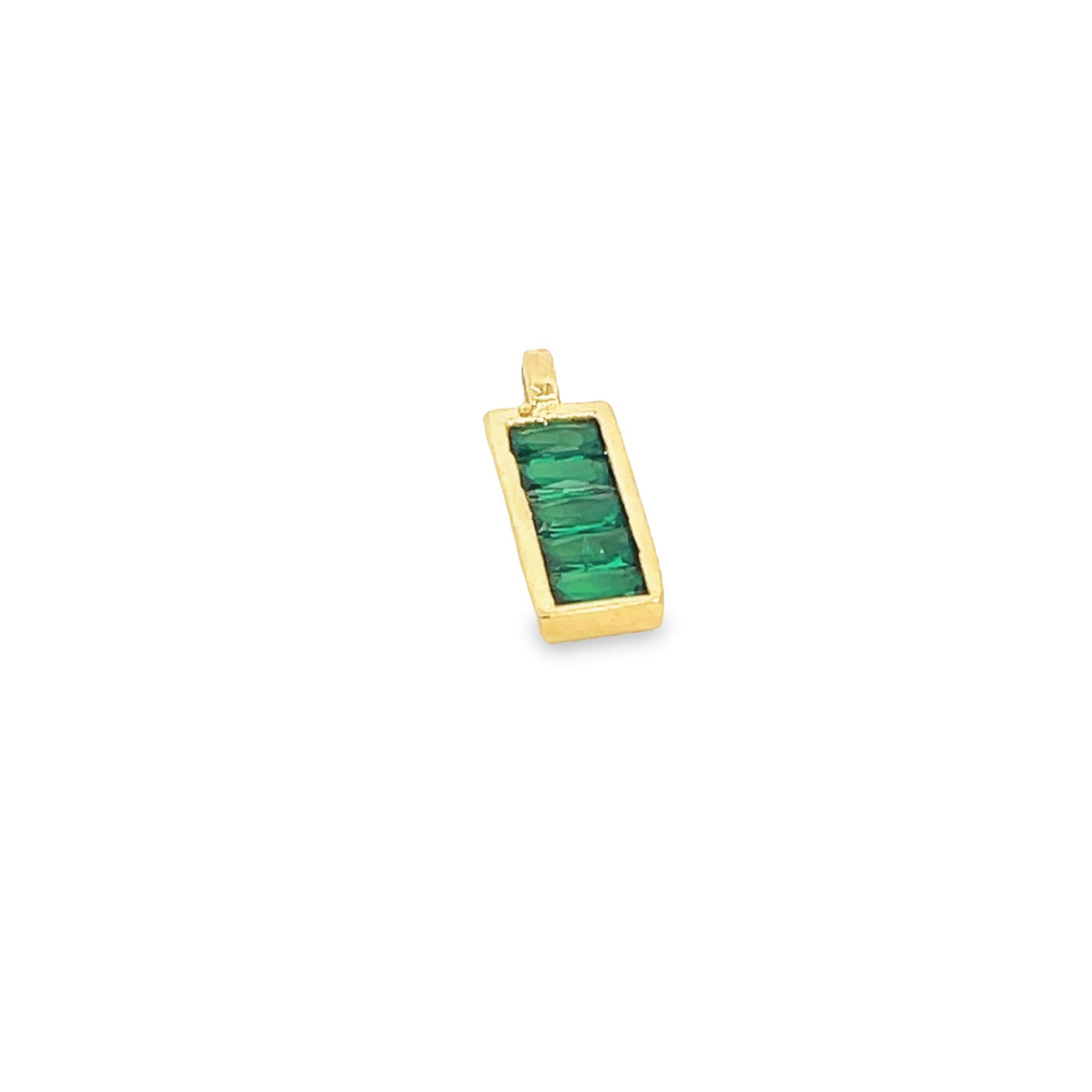 A gold rectangular pendant features four vibrant emerald baguettes set vertically against a clean white background.