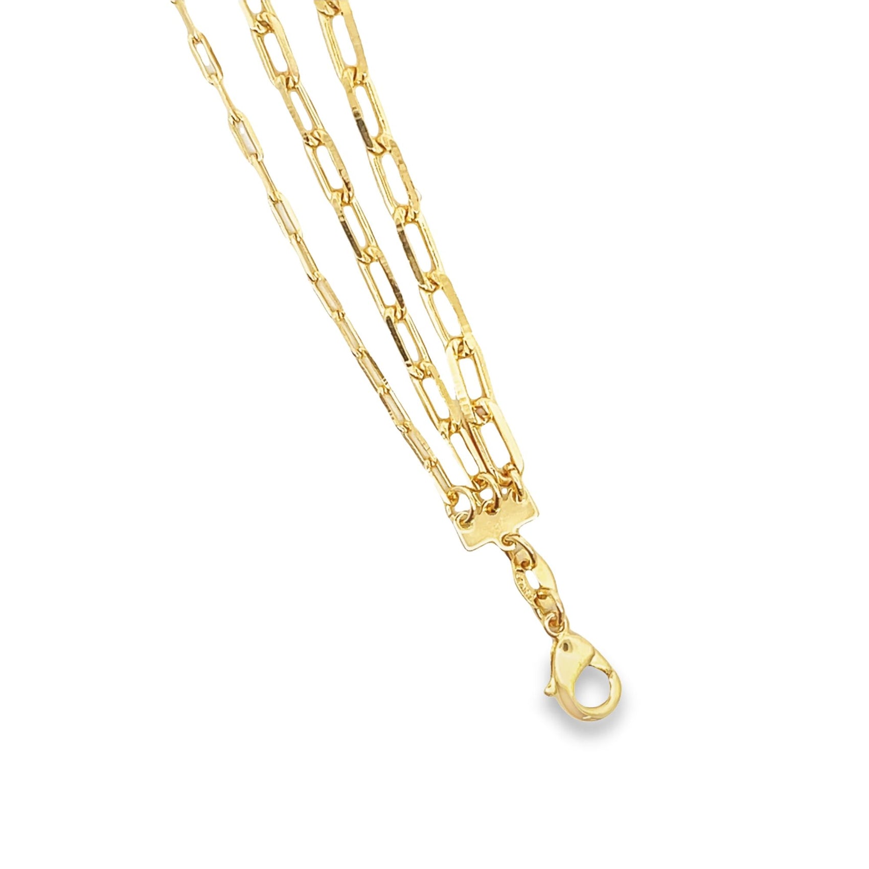 A triple-strand gold paperclip chain necklace displays an elegant clasp mechanism against a clean white background.