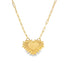 A delicate gold sunburst heart pendant necklace hangs from a matching paperclip chain against a white background.