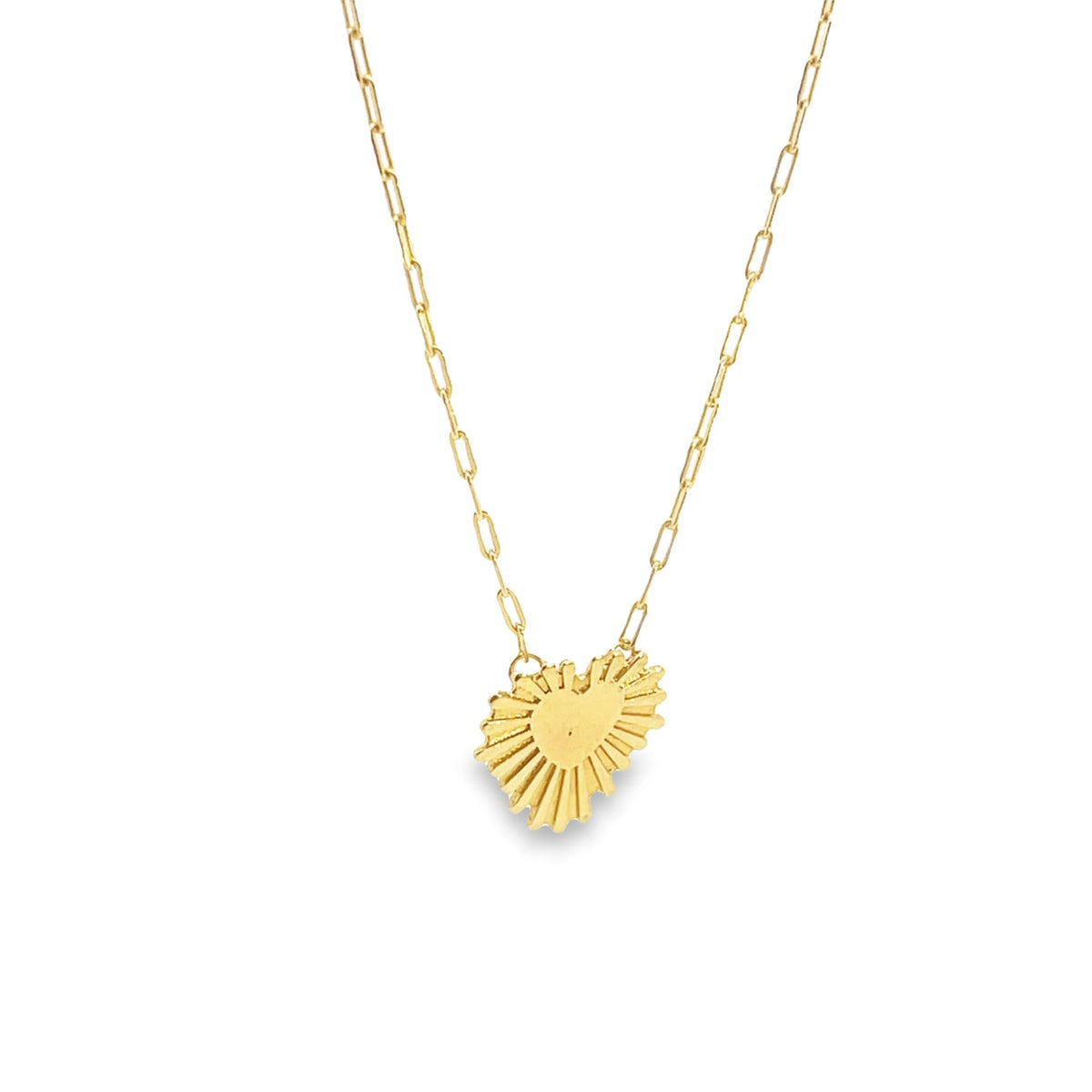 A delicate gold paperclip chain necklace features a textured heart-shaped pendant with radiating sunray details.