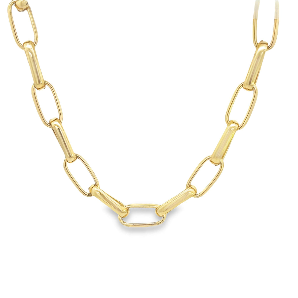 A polished yellow gold paperclip chain necklace displays interlocking oblong and bar links against a clean white background.
